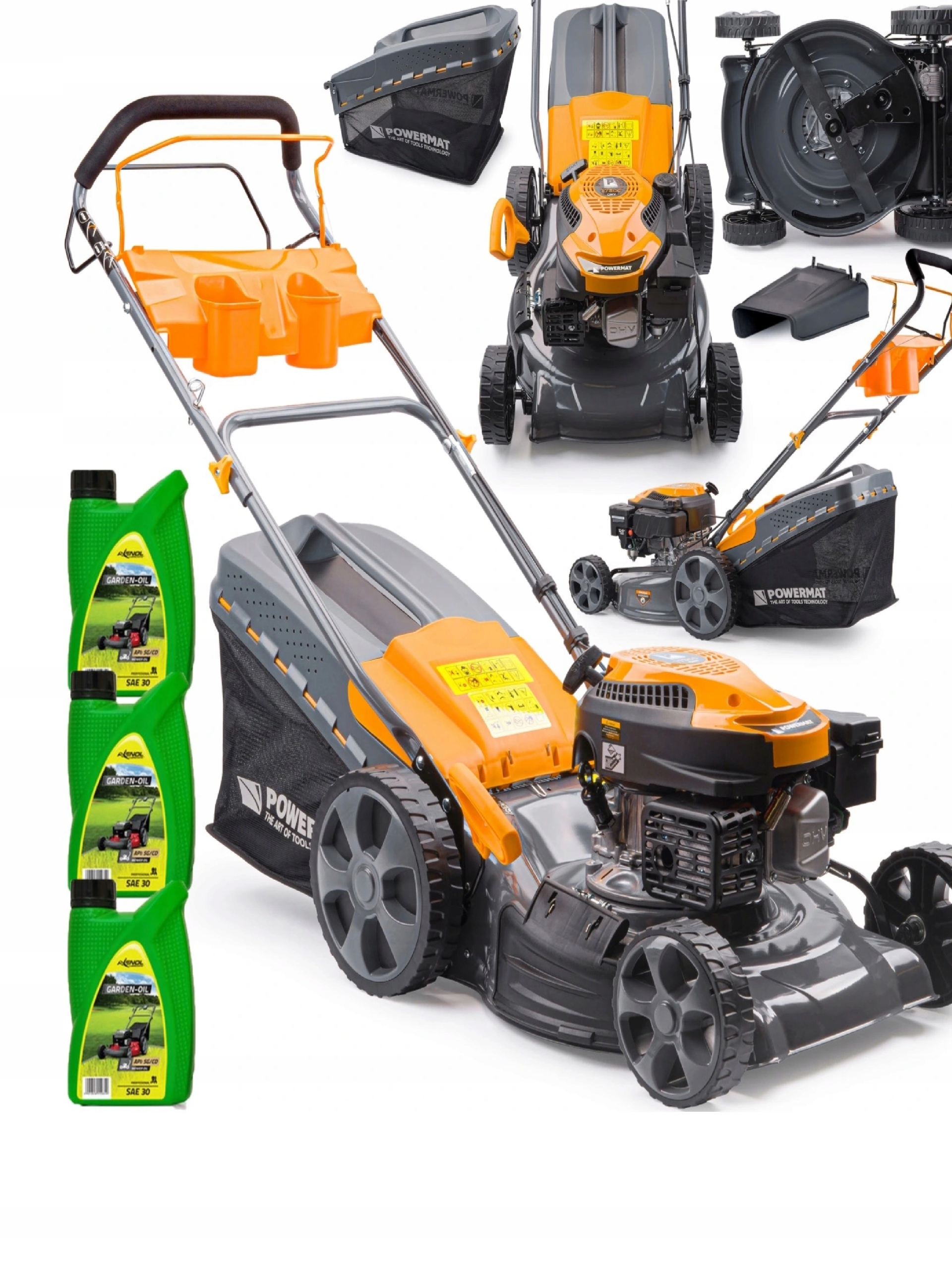 Benzínová kosačka na trávu Powermat s výkonom 6 HP, zberným košom s objemom 62 l, šírkou 46 cm a pohonom kolies.